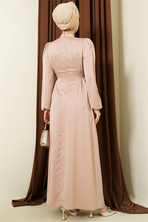 Satin Evening Dress with Stone Embellishing, Beige