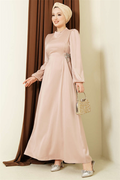 Satin Evening Dress with Stone Embellishing, Beige