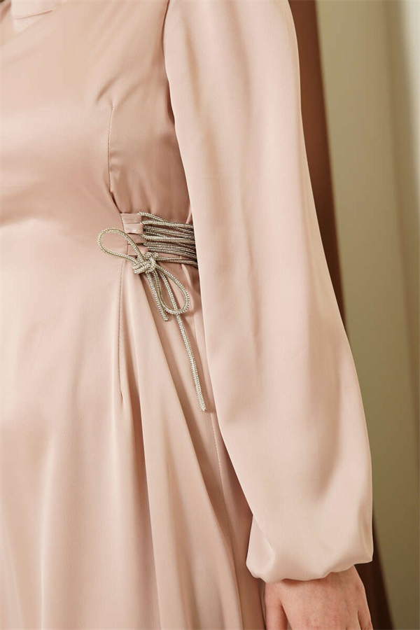 Satin Evening Dress with Stone Embellishing, Beige