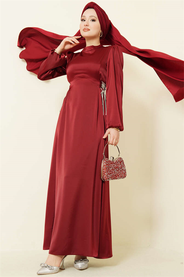 Stone Embellished Tie-Up Satin Evening Dress, Burgundy