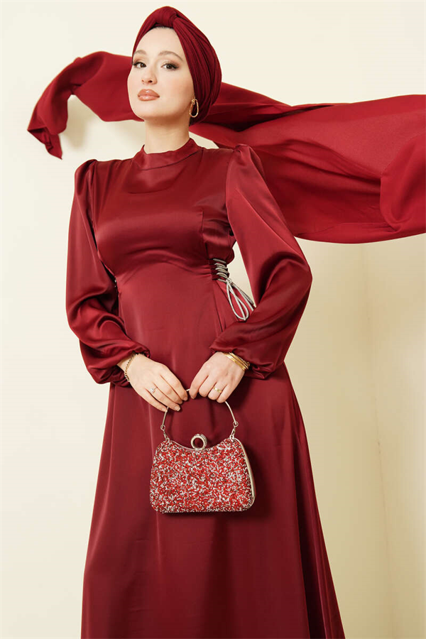 Stone Embellished Tie-Up Satin Evening Dress, Burgundy