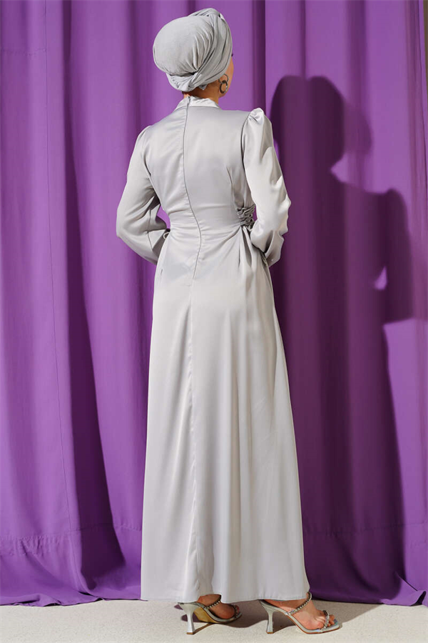 Stone Embellished Tie-Up Satin Evening Dress Grey