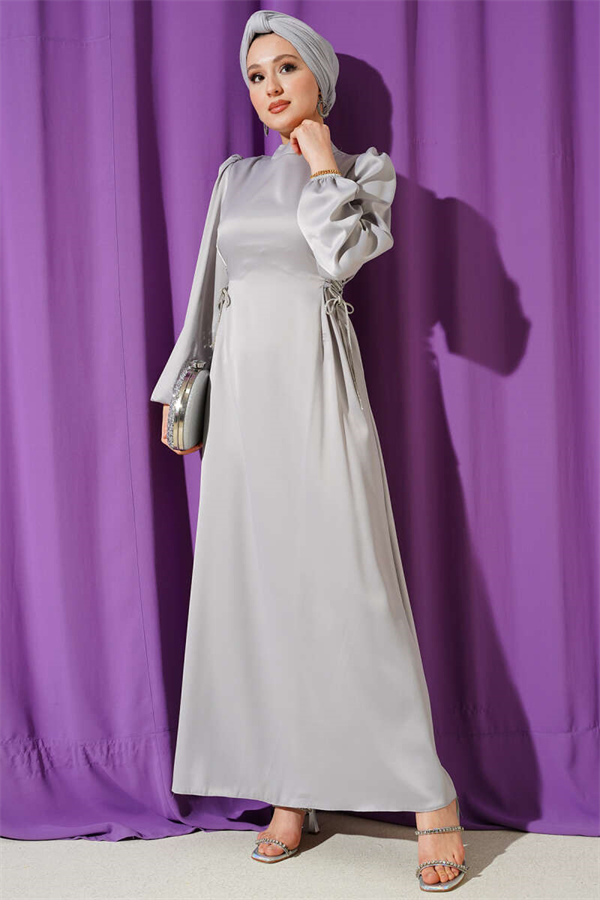 Stone Embellished Tie-Up Satin Evening Dress Grey