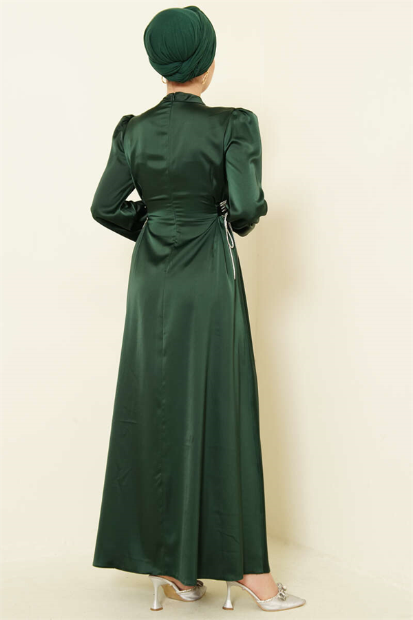 Emerald Green Satin Evening Dress with Stone Embellishing Tie