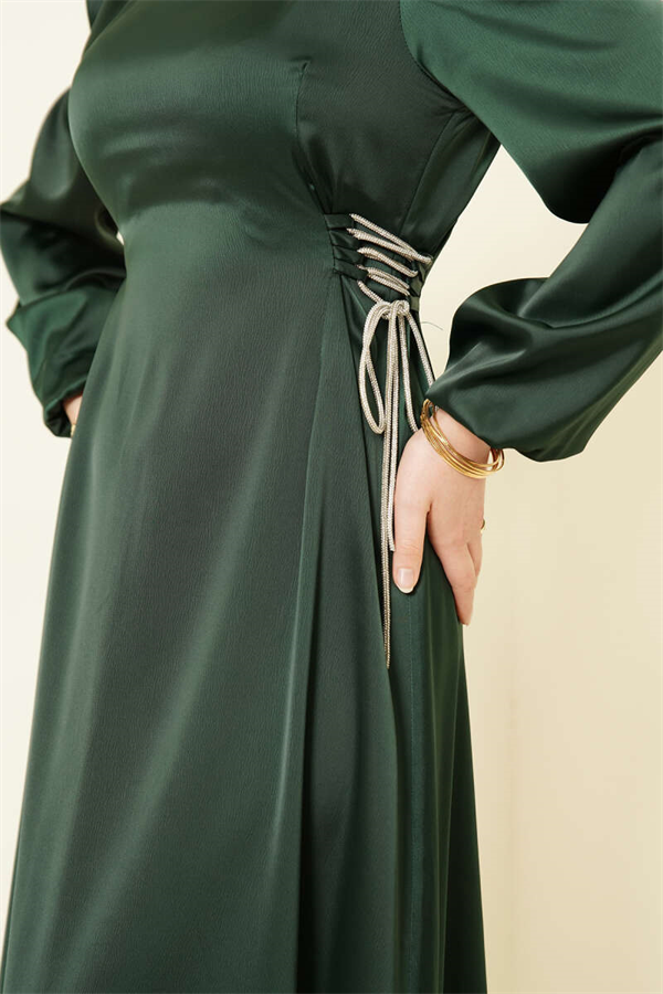 Emerald Green Satin Evening Dress with Stone Embellishing Tie