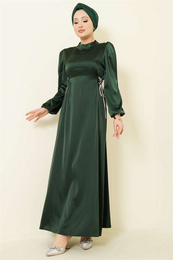 Emerald Green Satin Evening Dress with Stone Embellishing Tie