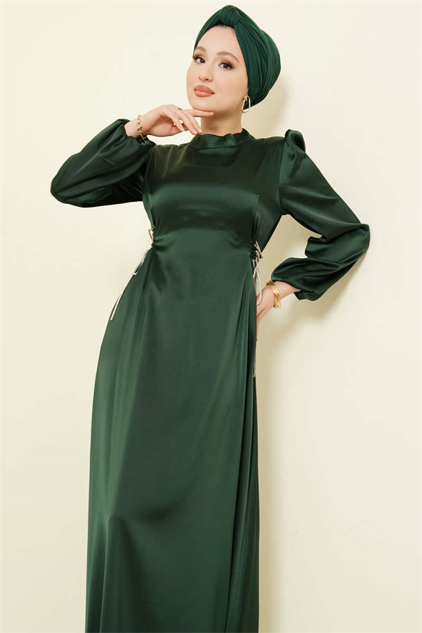 Emerald Green Satin Evening Dress with Stone Embellishing Tie
