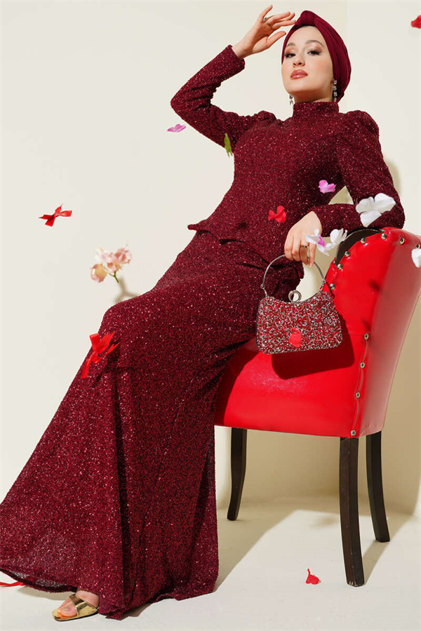 Embellished Fishtail Model Evening Dress 2 Piece Set in Burgundy