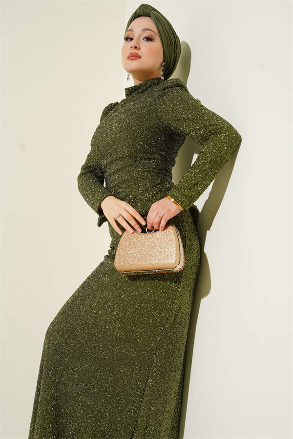 Embellished Fishtail Model Evening Dress 2 Piece Set, Khaki