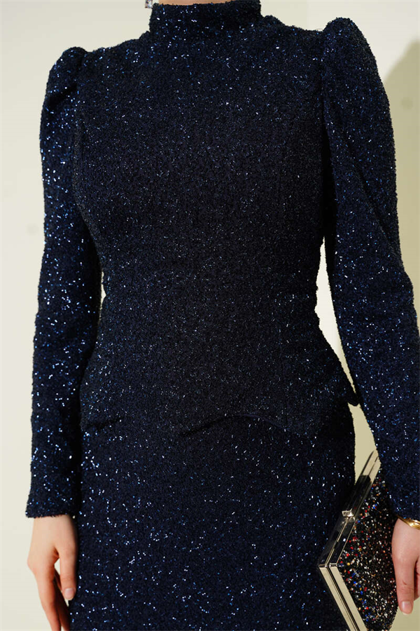 Embellished Fishtail Model Evening Dress 2 Piece Set, Navy Blue