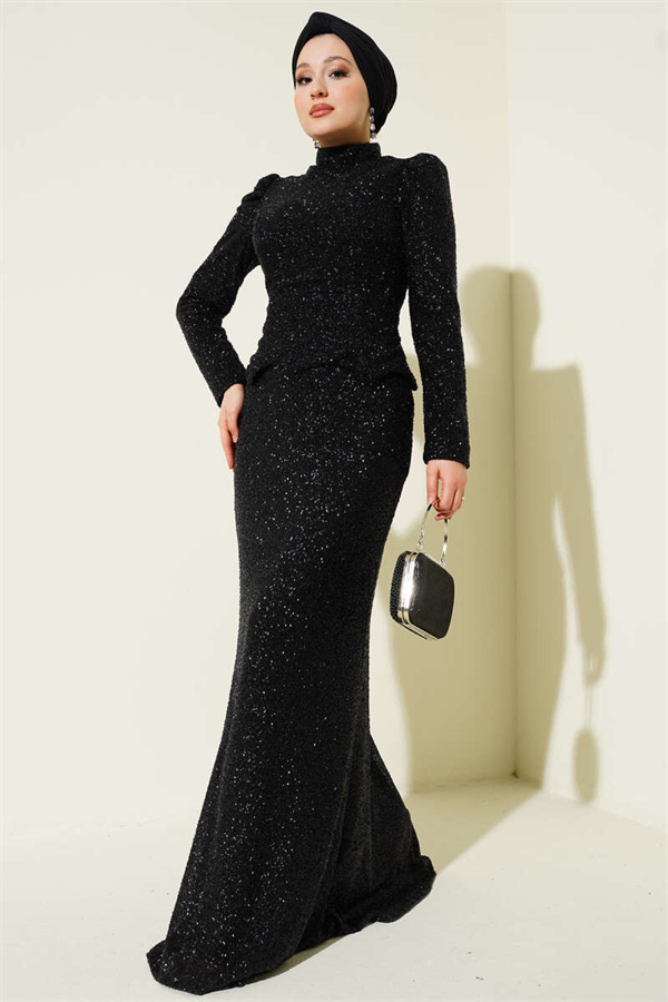 Embellished Fishtail Model Evening Dress 2 Piece Set, Black