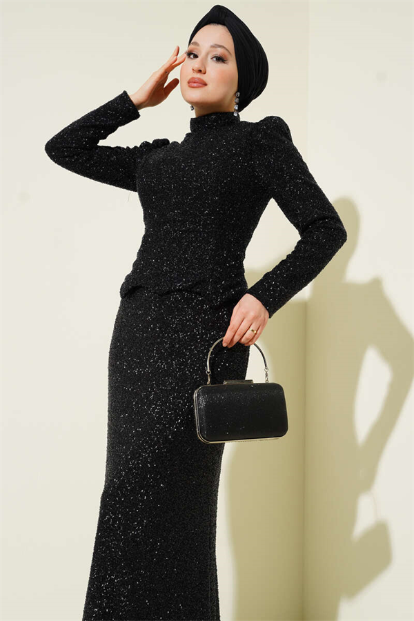 Embellished Fishtail Model Evening Dress 2 Piece Set, Black