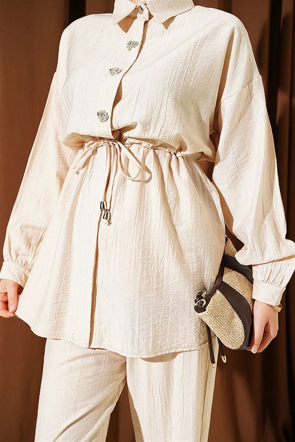 Stone Embellished Waist Tunic 2 Piece Set, Beige