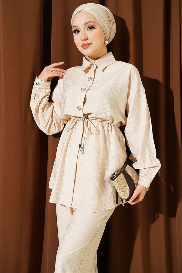 Stone Embellished Waist Tunic 2 Piece Set, Beige