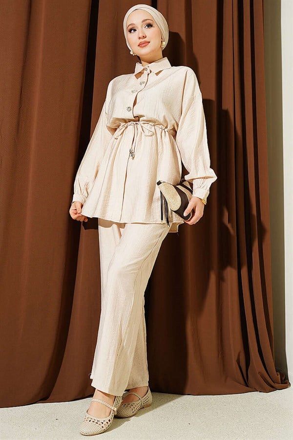 Stone Embellished Waist Tunic 2 Piece Set, Beige