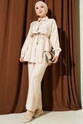 Stone Embellished Waist Tunic 2 Piece Set, Beige
