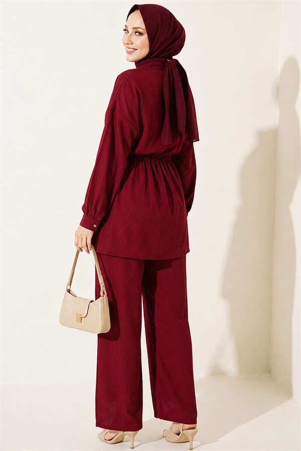 Stone Embellished Waist Tunic Two-Piece Set, Burgundy