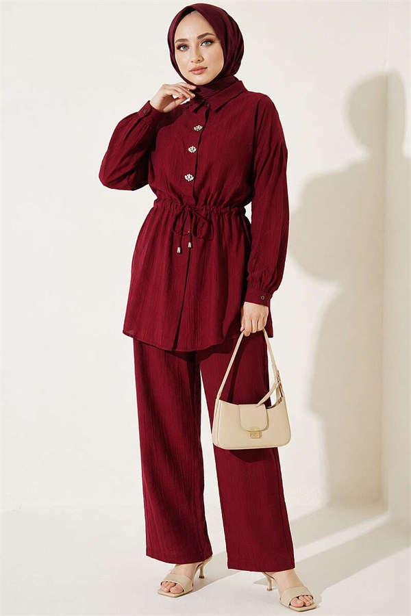 Stone Embellished Waist Tunic Two-Piece Set, Burgundy