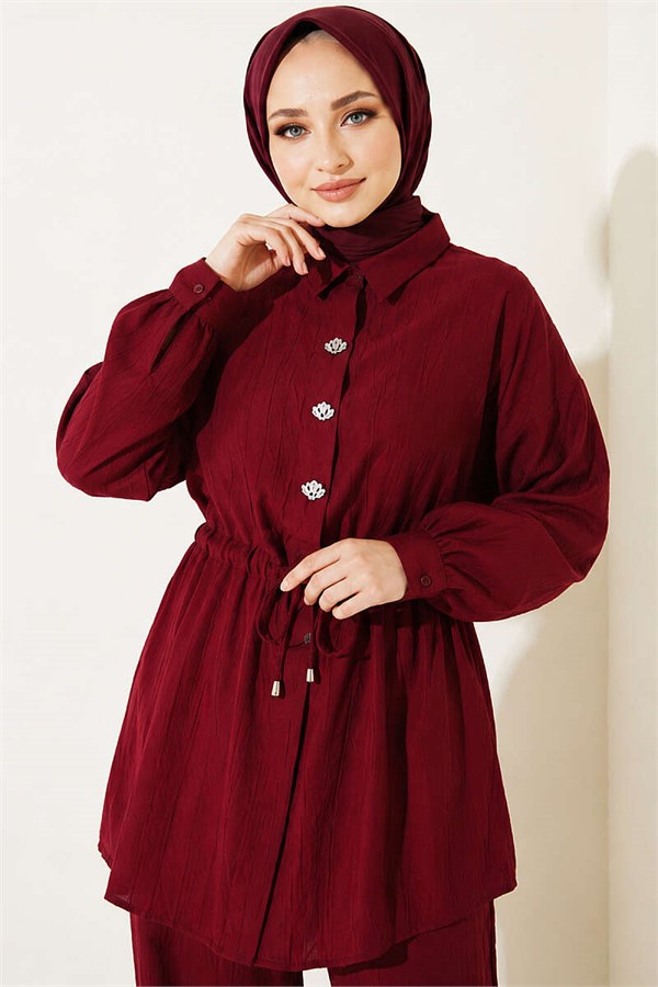 Stone Embellished Waist Tunic Two-Piece Set, Burgundy