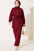 Stone Embellished Waist Tunic Two-Piece Set, Burgundy
