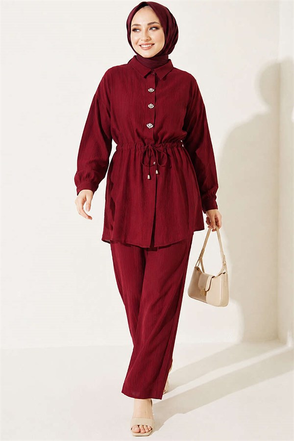 Stone Embellished Waist Tunic Two-Piece Set, Burgundy