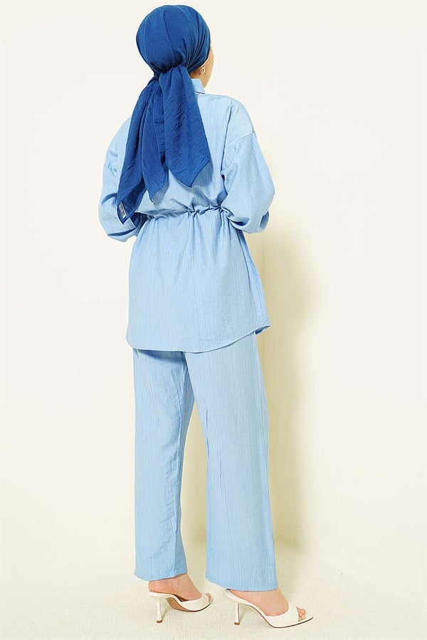 Stone Embellished Waist Tunic 2 Piece Set, Blue