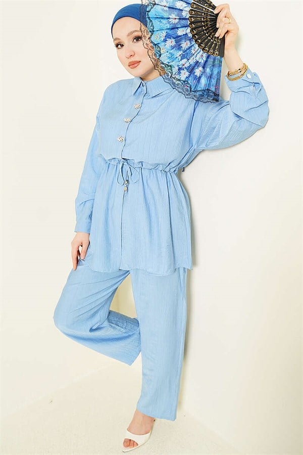 Stone Embellished Waist Tunic 2 Piece Set, Blue