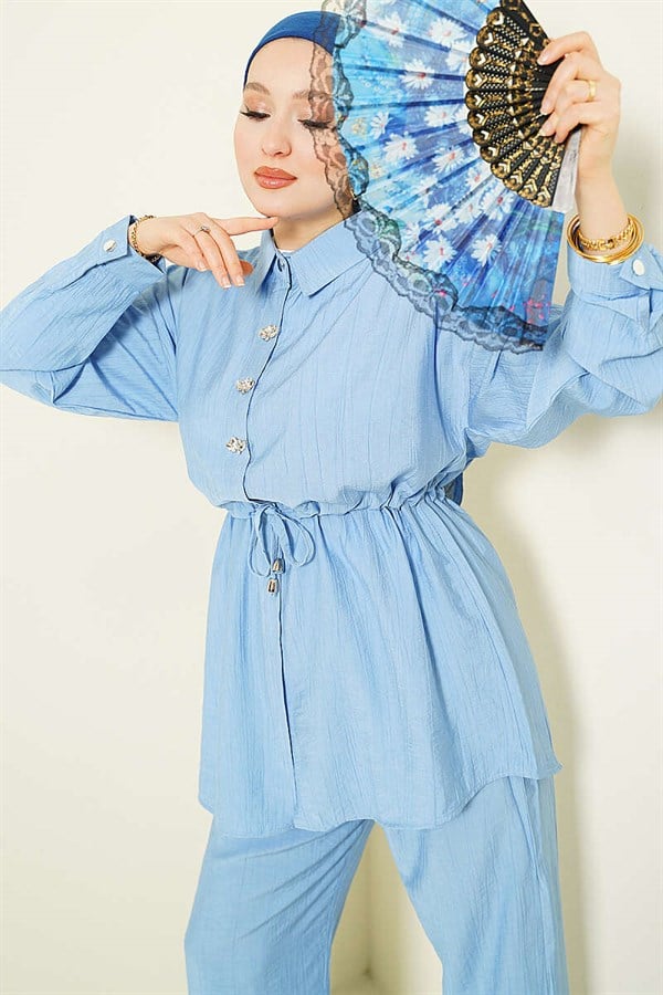 Stone Embellished Waist Tunic 2 Piece Set, Blue