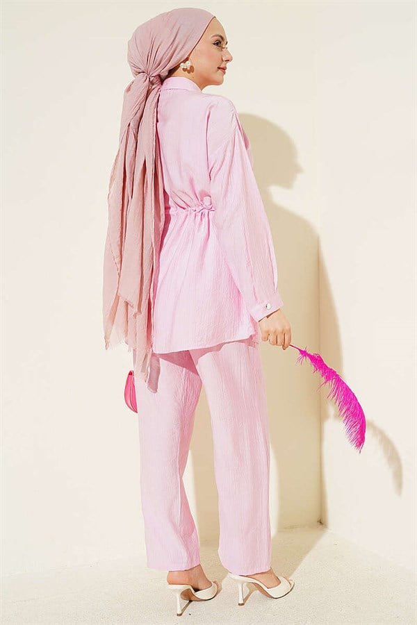 Stone Embellished Waist Tunic 2 Piece Set Pink
