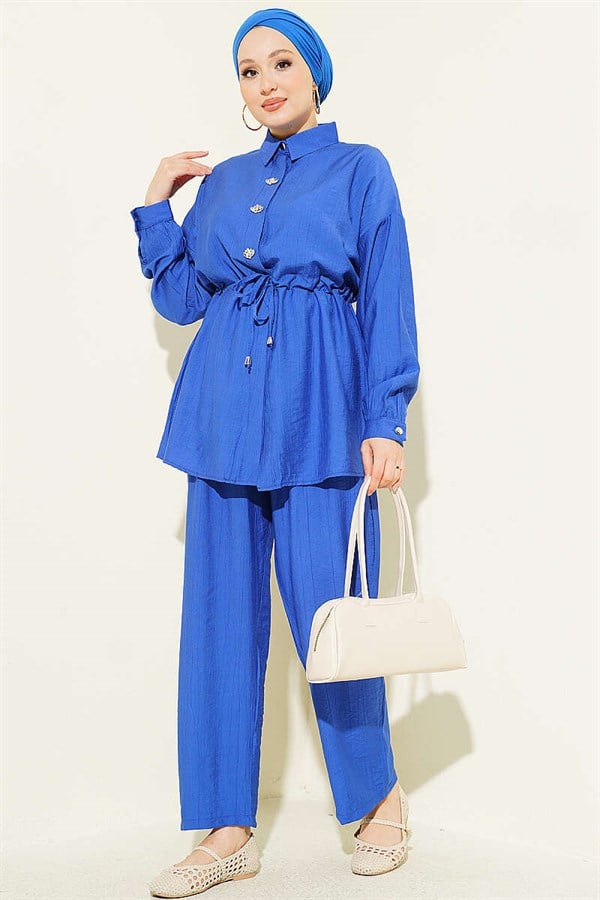Stone Embellished Waist Tunic 2 Piece Set (Navy Blue)
