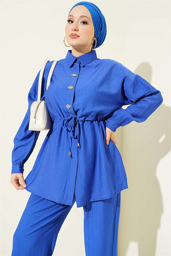 Stone Embellished Waist Tunic 2 Piece Set (Navy Blue)