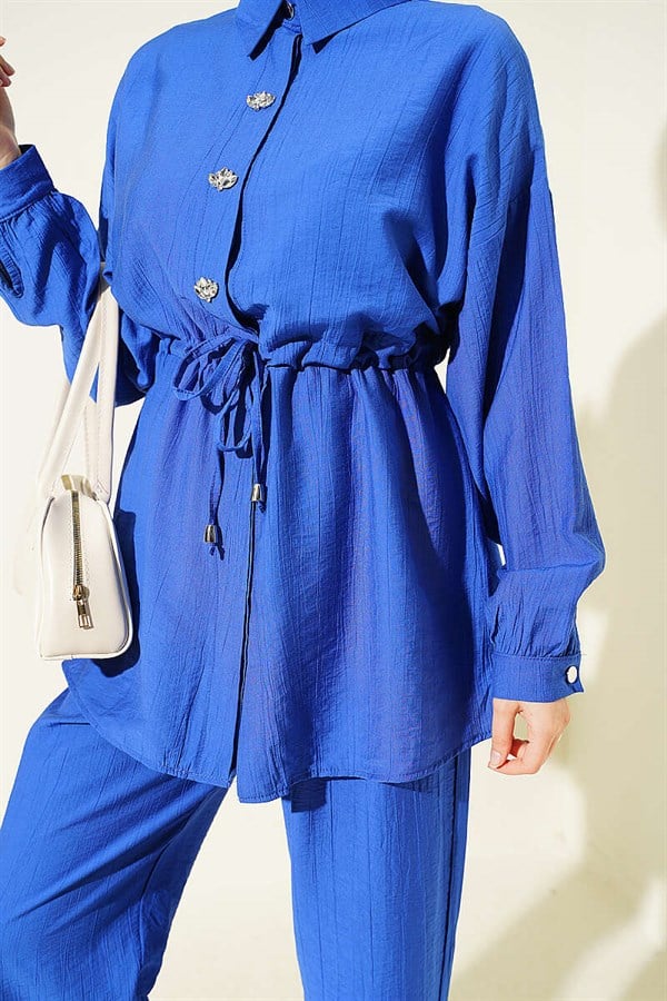 Stone Embellished Waist Tunic 2 Piece Set (Navy Blue)