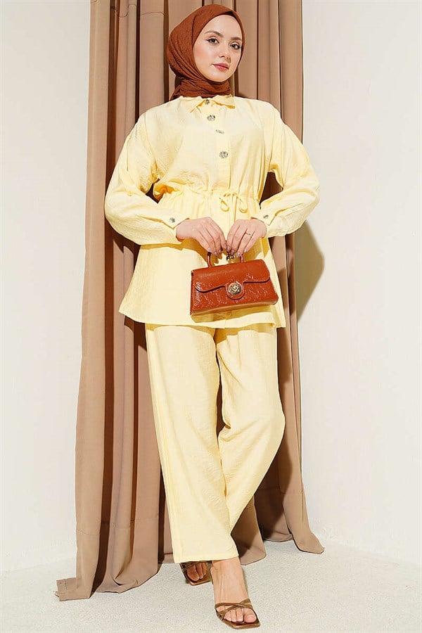 Stone Embellished Waist Tunic 2 Piece Set Yellow