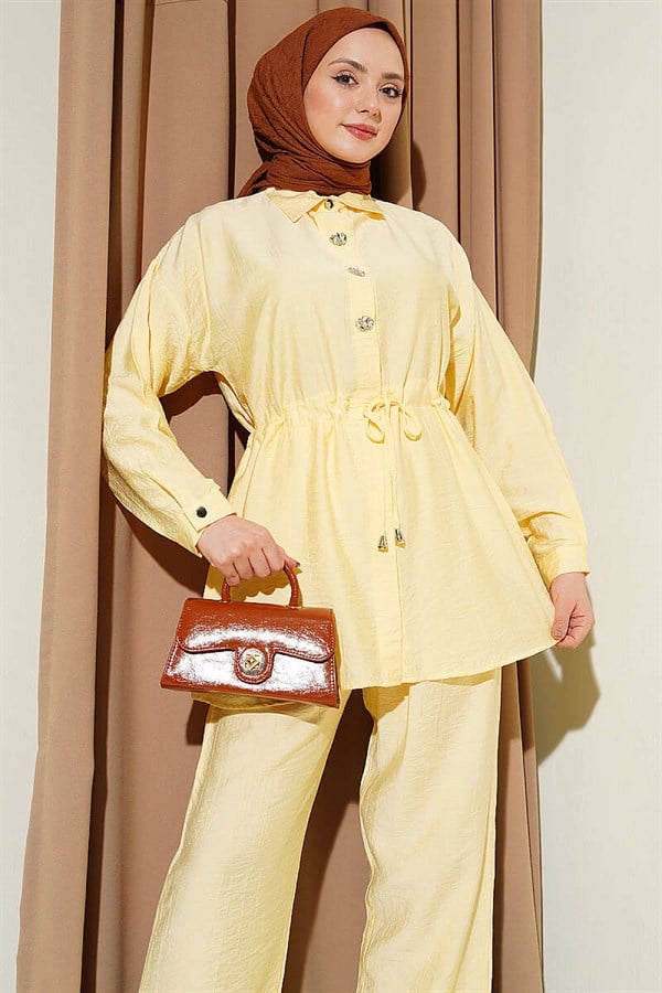 Stone Embellished Waist Tunic 2 Piece Set Yellow