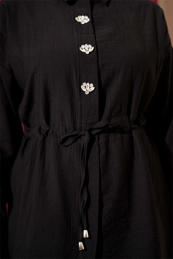 Stone Embellished Waist Tunic 2 Piece Set, Black