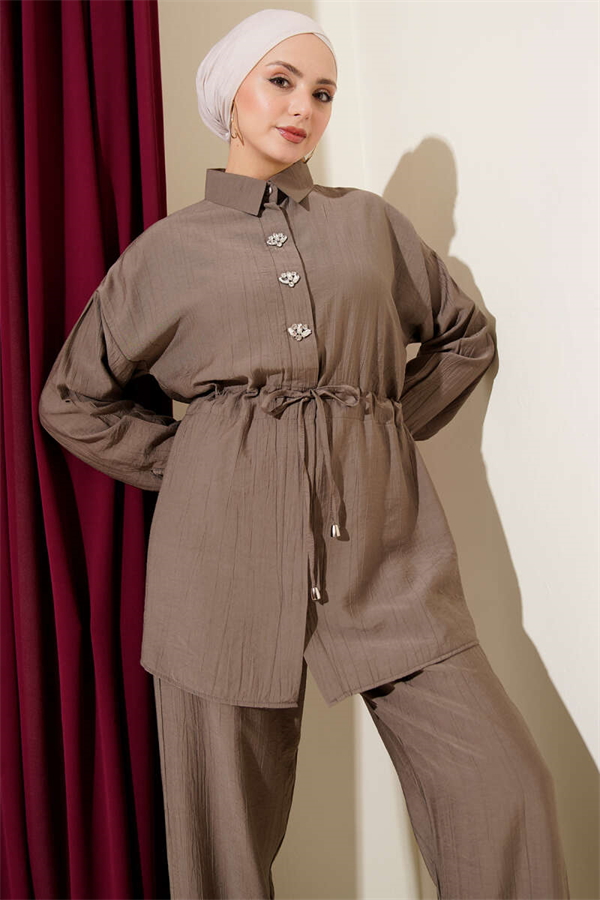 Stone Embellished Waist Tunic 2 Piece Set, Mink