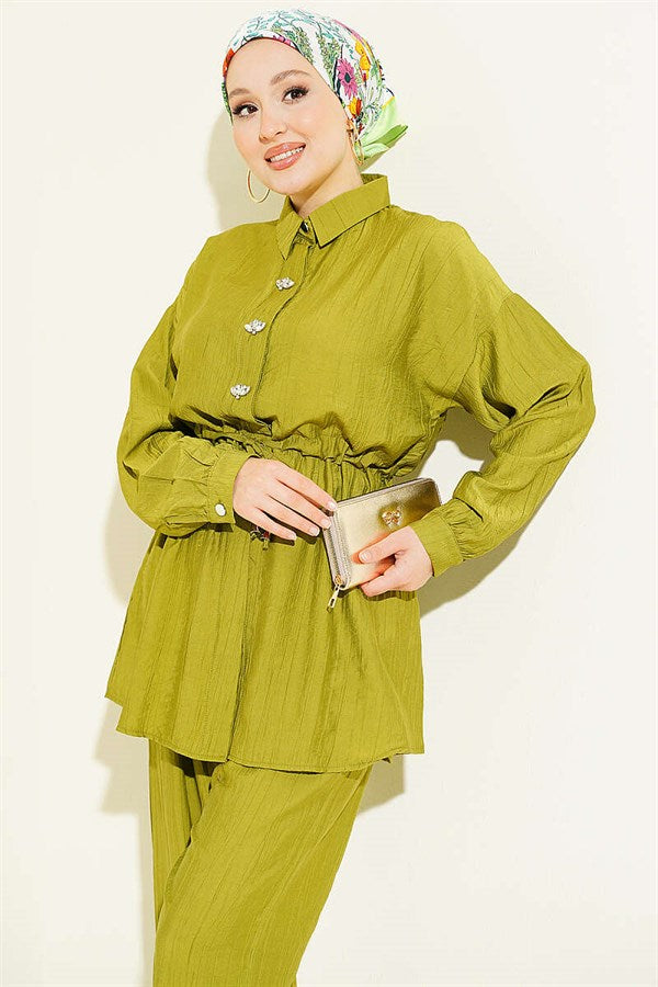 Stone Embellished Waist Tunic 2 Piece Set Olive Green