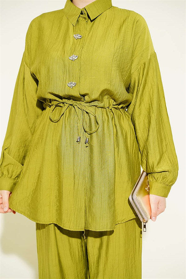 Stone Embellished Waist Tunic 2 Piece Set Olive Green