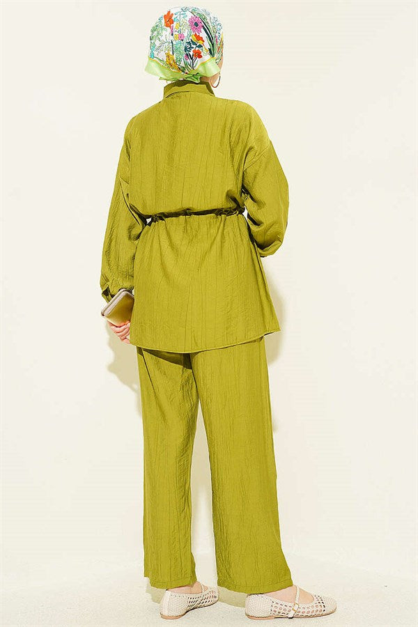 Stone Embellished Waist Tunic 2 Piece Set Olive Green