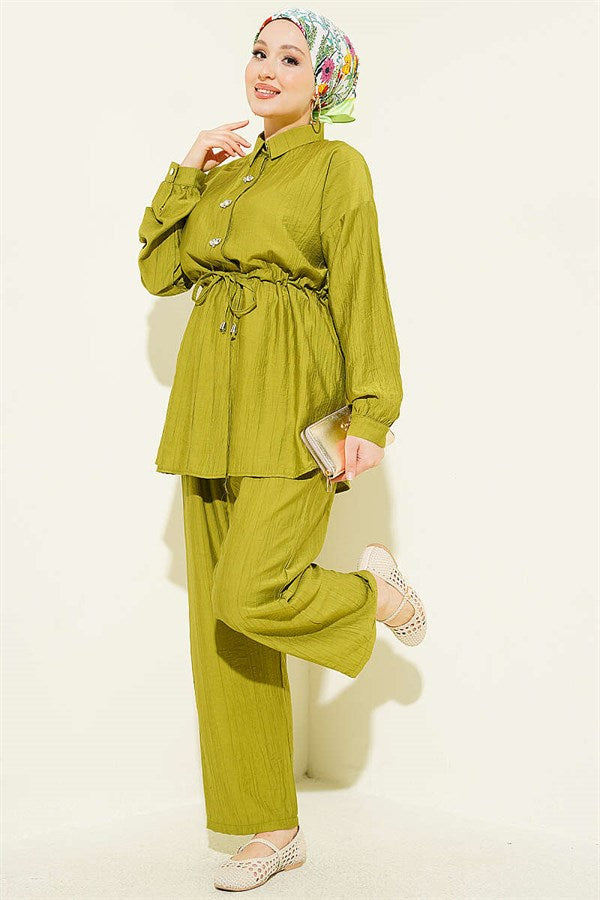 Stone Embellished Waist Tunic 2 Piece Set Olive Green
