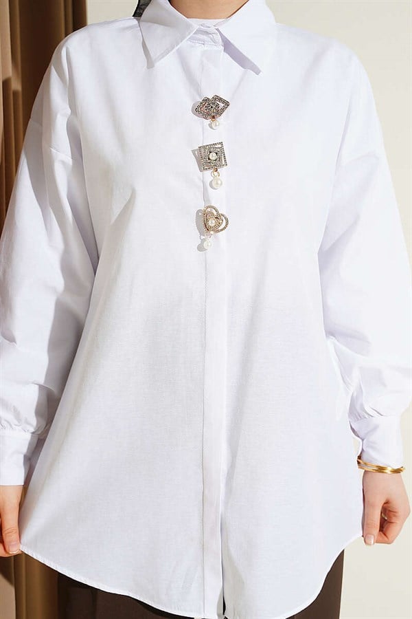 White Hidden Button Shirt with Stone Brooch