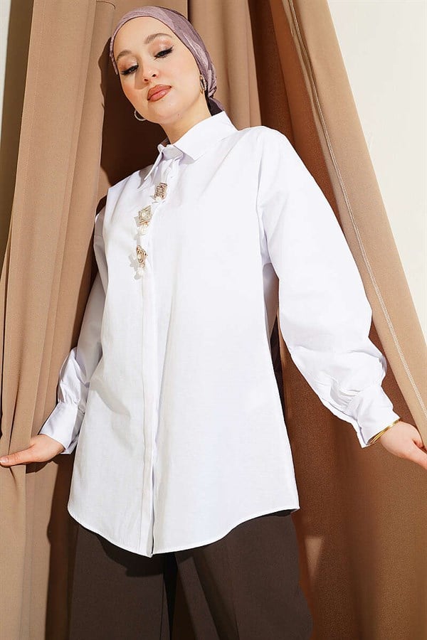 White Hidden Button Shirt with Stone Brooch