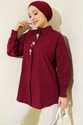 Burgundy Hidden Button Shirt with Stone Brooch