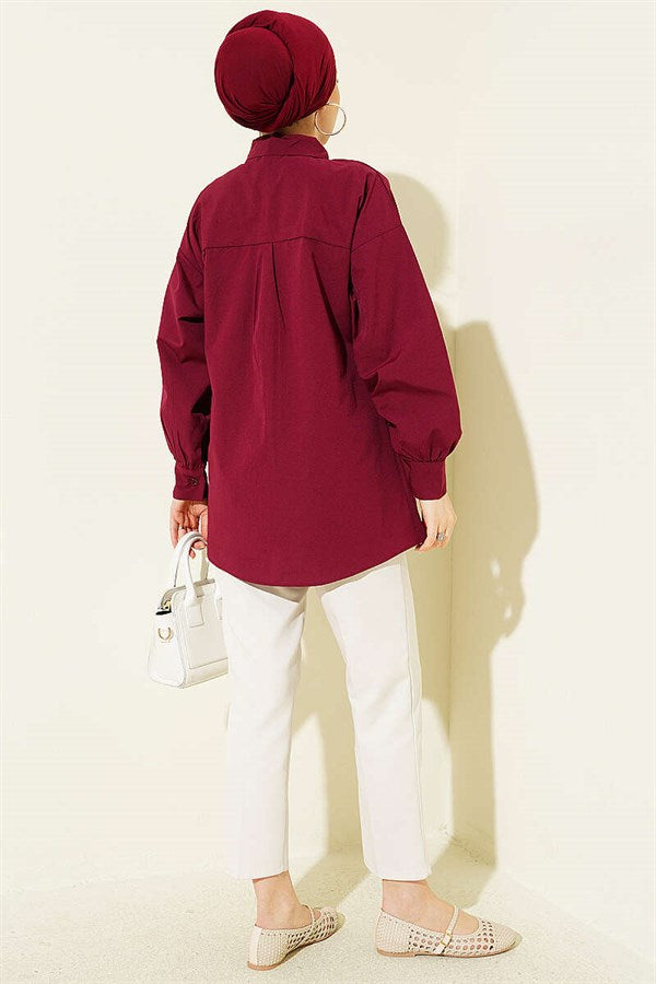 Burgundy Hidden Button Shirt with Stone Brooch