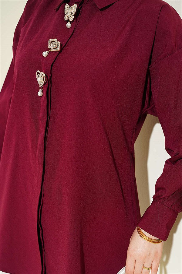 Burgundy Hidden Button Shirt with Stone Brooch