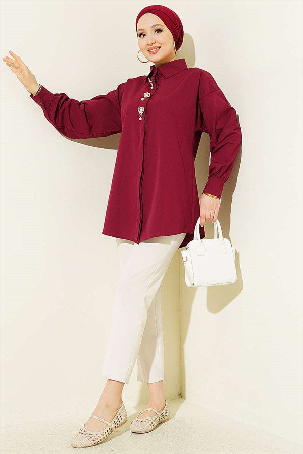 Burgundy Hidden Button Shirt with Stone Brooch