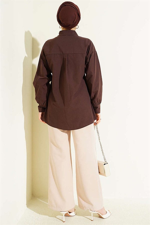 Shirt with Stone Brooch and Hidden Buttons, Brown