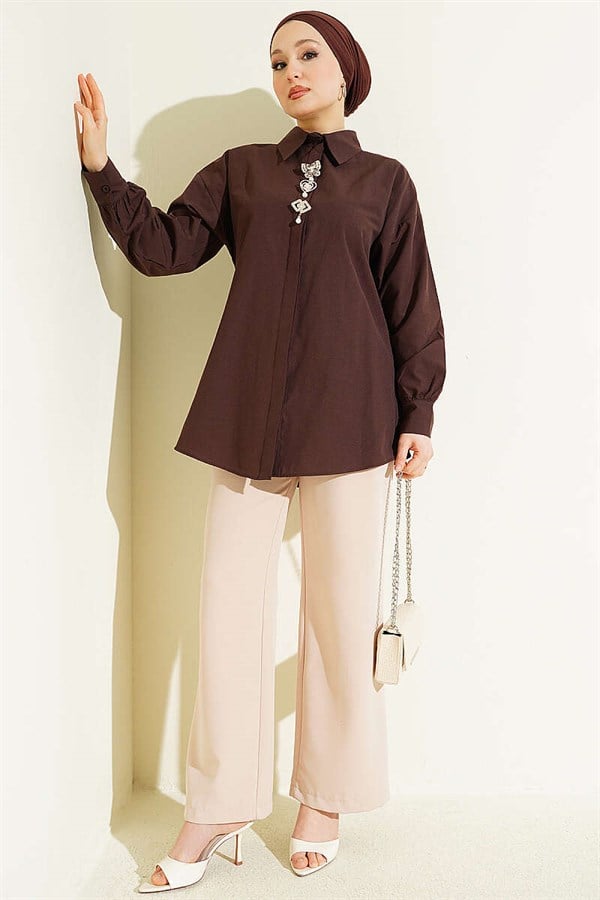 Shirt with Stone Brooch and Hidden Buttons, Brown
