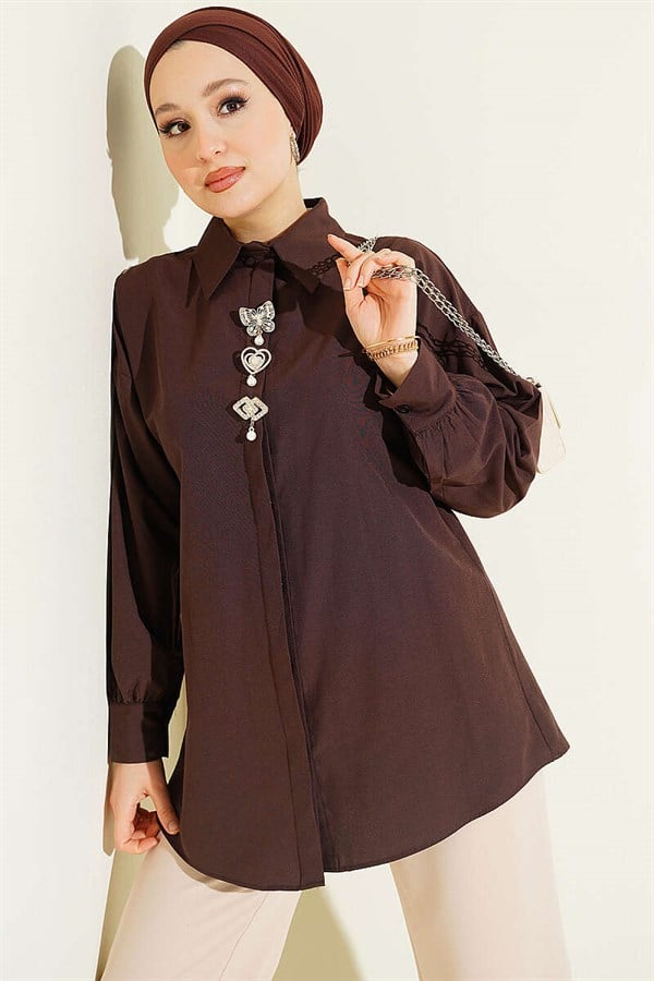 Shirt with Stone Brooch and Hidden Buttons, Brown