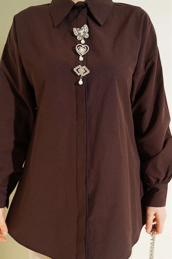 Shirt with Stone Brooch and Hidden Buttons, Brown